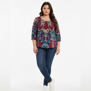 🛍️ LANE BRYANT burgundy, blue floral stud, pullover blouse size xlarge